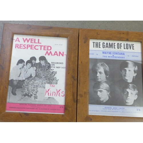 828 - Pop music; six original framed sheet music including The Beatles, The Who, The Kinks, etc.