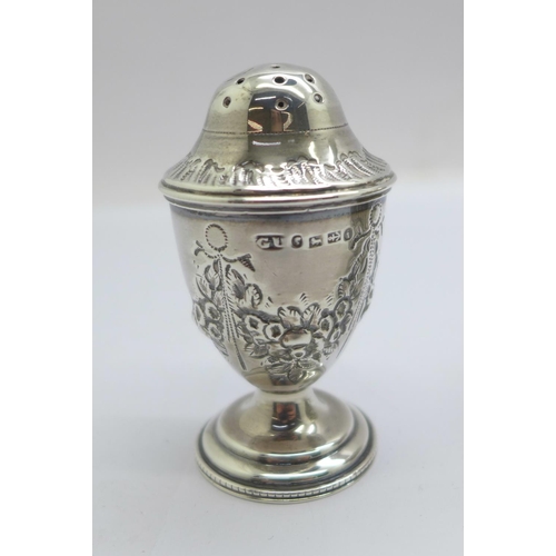 856 - A pair of Victorian silver pepper pots by George Unite and a white metal mustard pot, lid loose, hin... 