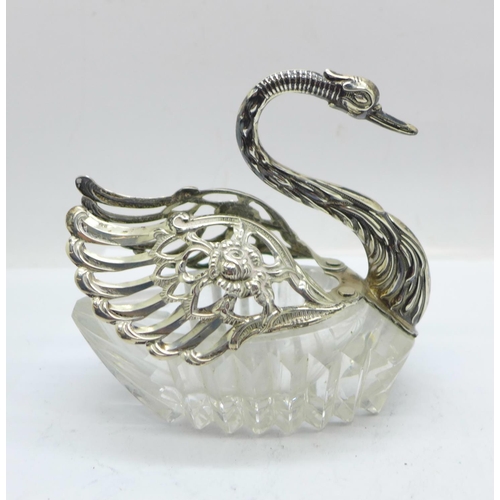 870 - A silver and glass swan trinket pot, height 10cm