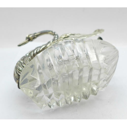 870 - A silver and glass swan trinket pot, height 10cm