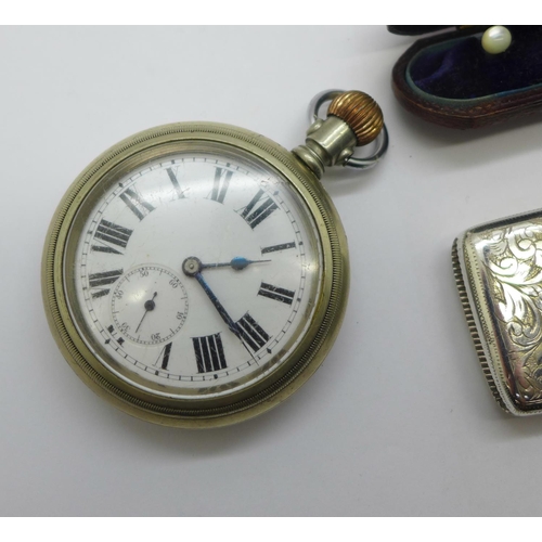 879 - A top-wind pocket watch, cased mother of pearl studs and a vesta case, (watch with screw front case)