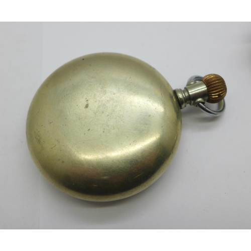 879 - A top-wind pocket watch, cased mother of pearl studs and a vesta case, (watch with screw front case)