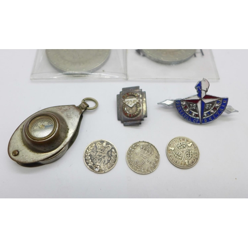 889 - A hallmarked silver USDAW badge, one other badge, coins and a novelty compass/eyeglass