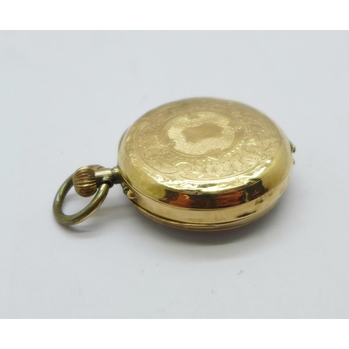 890 - A lady's 14k gold fob watch with enamel dial, 28mm case