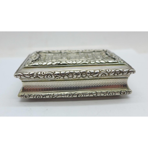 907 - A William IV silver castle top table snuff box depicting Windsor Castle by Nathaniel Mills, Birmingh... 