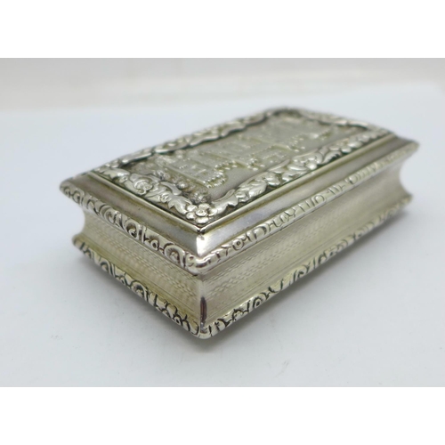 907 - A William IV silver castle top table snuff box depicting Windsor Castle by Nathaniel Mills, Birmingh... 