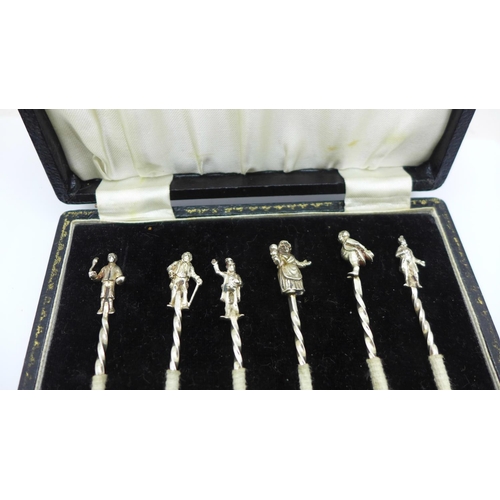 932 - A cased set of six silver Charles Dickens character cocktail sticks, Birmingham 1966