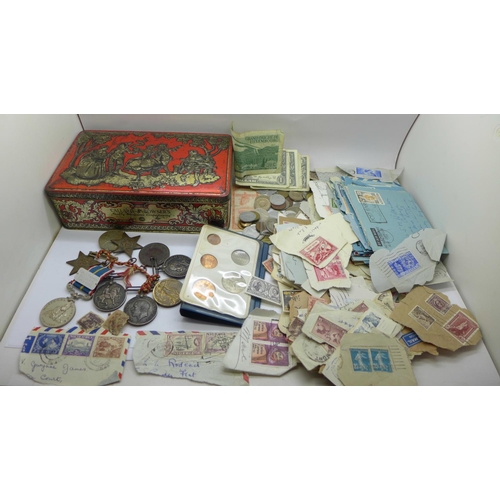 967 - A pair of WWI medals, two WWI British War medals, postal interest Air Mail, coins and banknotes, pai... 