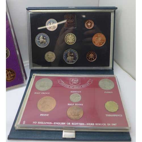 974 - Two 1970 coin sets, one 1967 coin set, a Royal Mint 1983 coin set and a 1972 Silver Wedding Crown