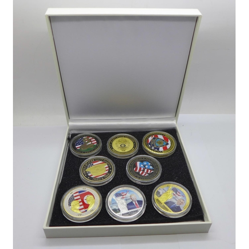 988 - Eight commemorative coins from the United States of America, presidents Donald Trump, Barack Obama, ... 