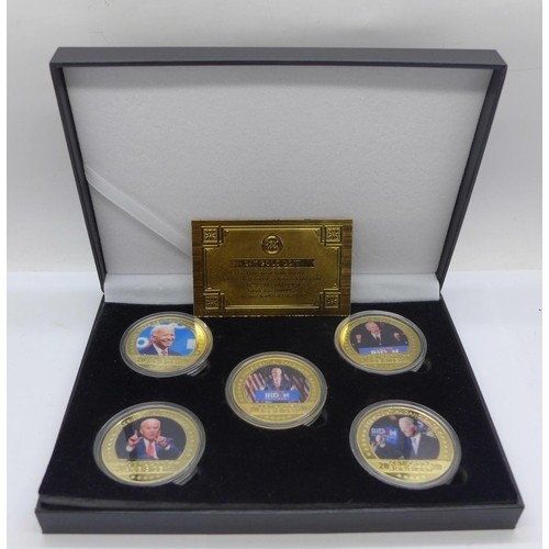 991 - Five 2020 USA President Joe Biden commemorative coins, 99.9% 24k gold plated collection, in case wit... 