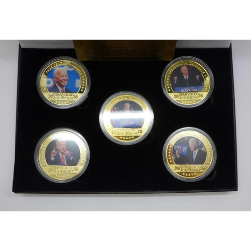 991 - Five 2020 USA President Joe Biden commemorative coins, 99.9% 24k gold plated collection, in case wit... 