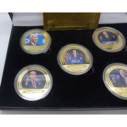 991 - Five 2020 USA President Joe Biden commemorative coins, 99.9% 24k gold plated collection, in case wit... 