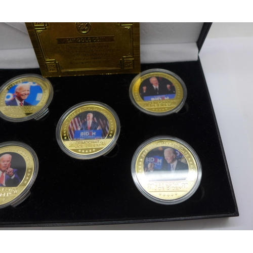 991 - Five 2020 USA President Joe Biden commemorative coins, 99.9% 24k gold plated collection, in case wit... 