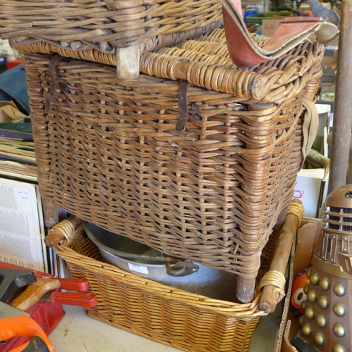 2078 - Two fishing baskets, wicker basket plus large cooking pot