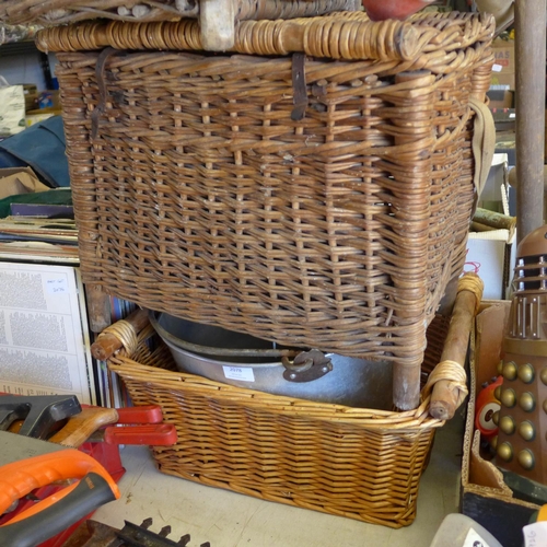 2078 - Two fishing baskets, wicker basket plus large cooking pot