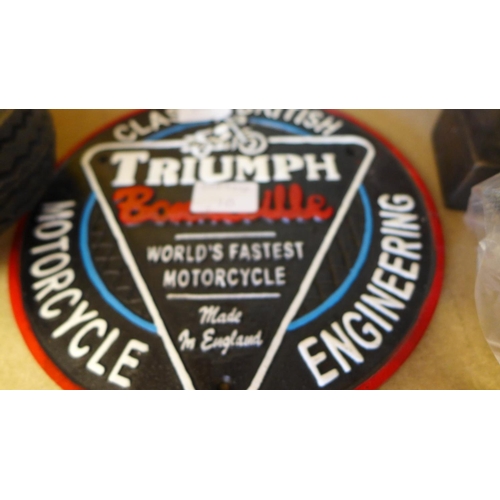 2143 - Triumph Bonneville cast iron plaque (9½ x 9½in) * this lot is subject to VAT