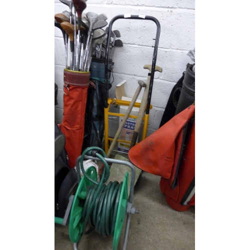 2343 - Hose & reel with spray gun, timber paint, sack trolley