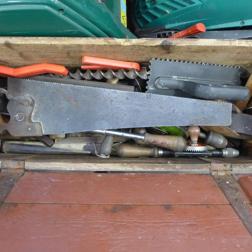 2665 - Wooden tool box with qty. of tools