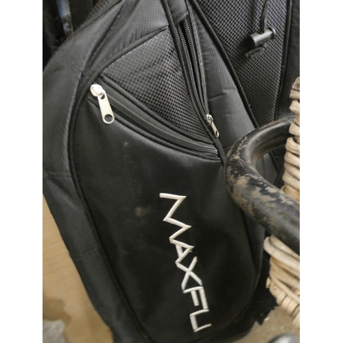 2403 - Maxfly golf bag & full set of woods & irons (5 woods, 8 irons), various makes