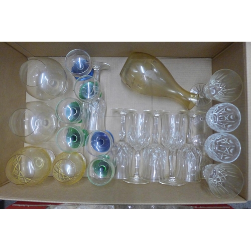 1204 - Three boxes of mixed glass, including five decanters, claret jug, whisky, wines and brandy glasses, ... 