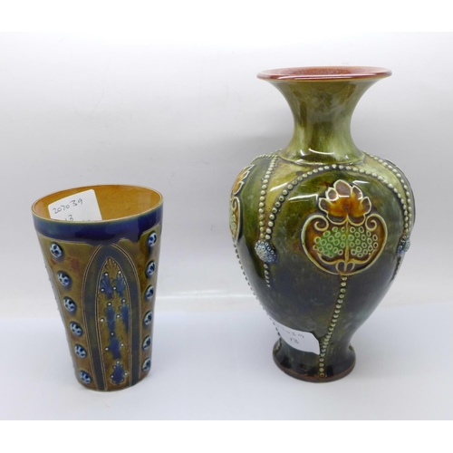 612 - A Royal Doulton stoneware vase, 3425A mark and a Doulton Lambeth beaker, 1877 mark