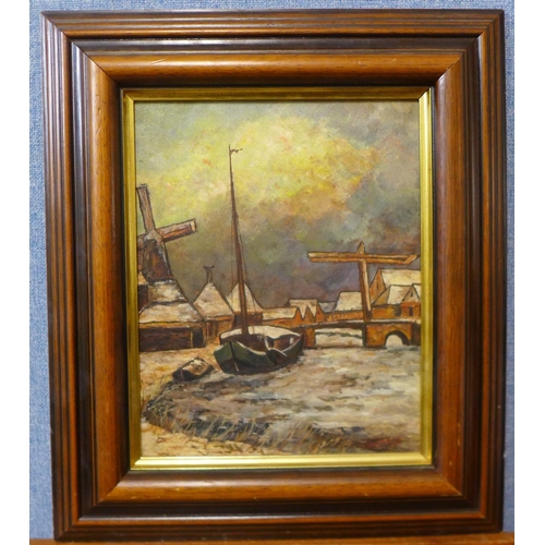 43 - Dutch School, dockyard, oil on panel, indistinctly signed, 28 x 23cms, framed