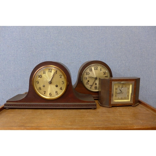 458 - Two oak mantel clocks and an electric clock