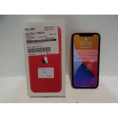 3069 - Iphone 11 64Gb Red Mobile Phone - with charging lead (MHDD3B/A), RRP £495.83 + VAT (225-60) * This l... 