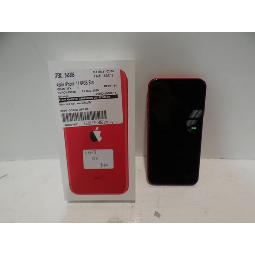 3069 - Iphone 11 64Gb Red Mobile Phone - with charging lead (MHDD3B/A), RRP £495.83 + VAT (225-60) * This l... 