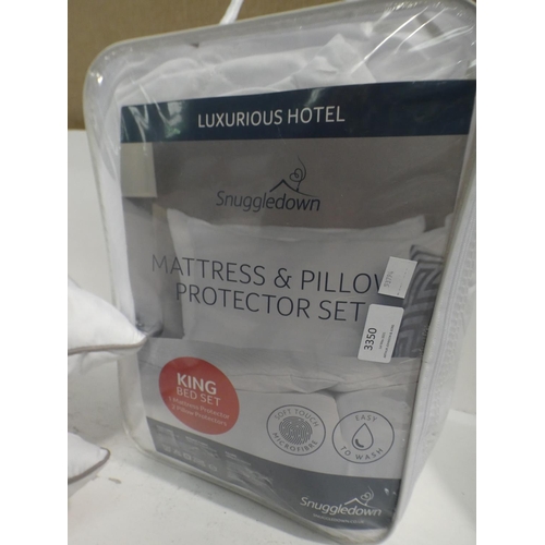 3350 - Mattress+ Pillow Protector and Two Hotel Grand Down Roll Pillows  (220-29) * This lot is subject to ... 