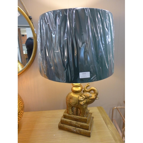 1493 - A gilt elephant sculptured table lamp with emerald velvet shade, height 62cm (2023928)   #