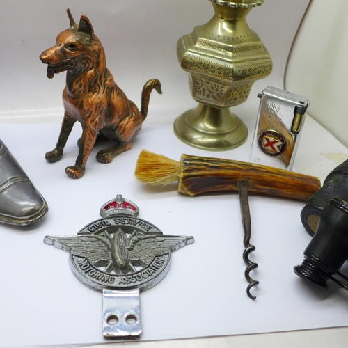 627 - A collection of cigarette lighters, opera glasses, pewter shoe pin cushion, etc.