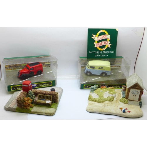 725 - Two Corgi Classic model die-cast vehicles with two The Classic Heritage stands