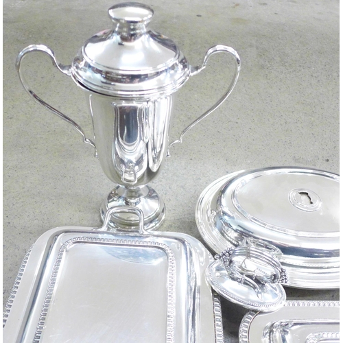 731 - Plated items; entree dishes, trophies, three piece plated tea service, etc.