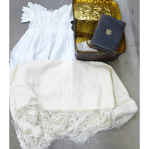 732 - An Edwardian Bible, an Edwardian girl's smock dress and a 1930's Christening shawl