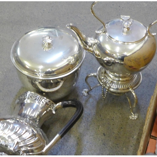 738 - A box of silver plate; spirit kettle, ice bucket, oil pourers, tea service, trays, salvers, etc.