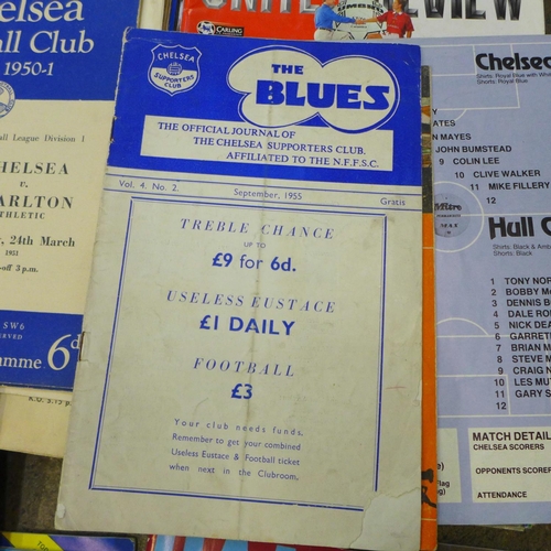 740 - A collection of football programmes, including 1950's Chelsea, some 1949, two Chelsea rosettes and o... 