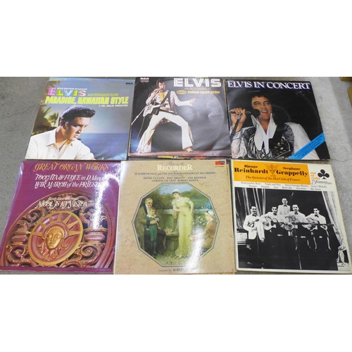 742 - A box of LP records including Elvis Presley, Moody Blues, Genesis and classical, etc.