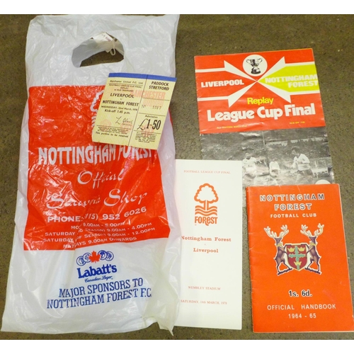 767 - A 1978 Nottingham Forest League Cup Final replay programme and ticket stub and a Nottingham Forest F... 