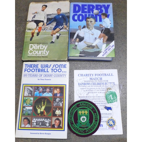 771 - Three Derby County books, one signed Roger Davis, a charity football match programme, signed, Derby ... 