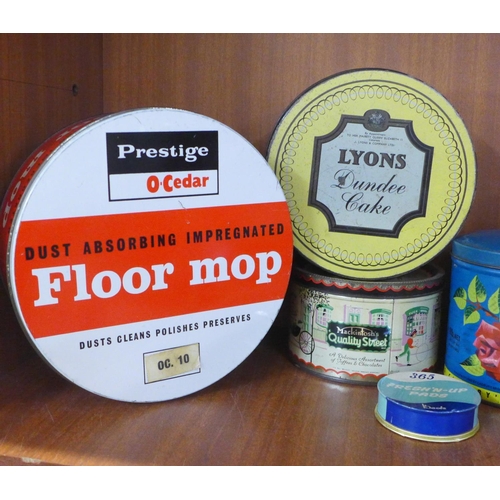 775 - Seven vintage tins including Cadbury's Roses, Quality Street, Prestige Floor Mop and Lyons Dundee Ca... 