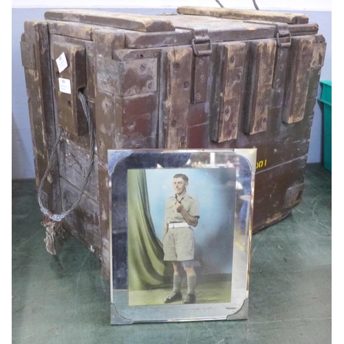 780 - A WWII ammunition box and mirror with soldier's portrait