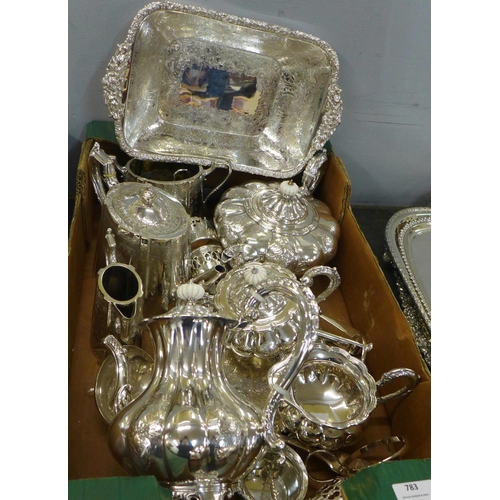 783 - A silver plated melon shaped tea service, a bowl, salver, ladle, sugar bows, etc.