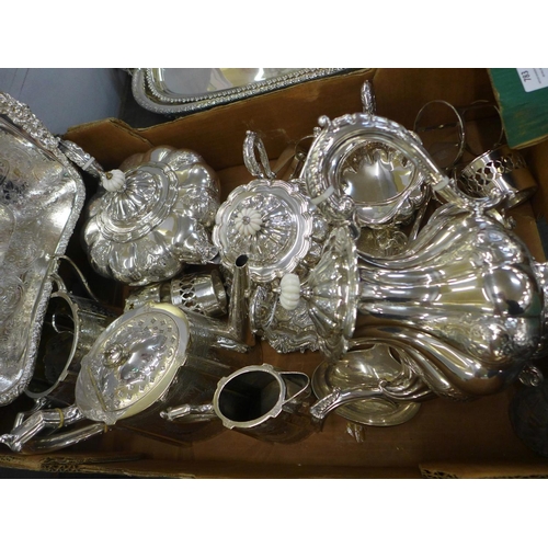 783 - A silver plated melon shaped tea service, a bowl, salver, ladle, sugar bows, etc.