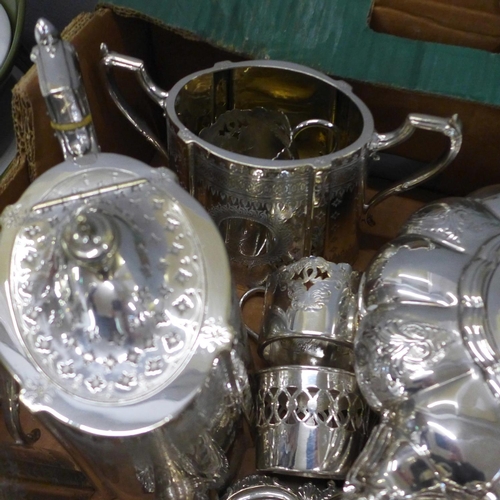 783 - A silver plated melon shaped tea service, a bowl, salver, ladle, sugar bows, etc.