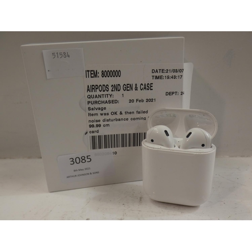 3085 - Airpods (2nd Gen) and Case (MV7N2ZMA), RRP £99.99 + VAT    (223-199) * This lot is subject to VAT