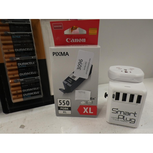 3096 - Duracell Aa Ultra Batties, BG Twin USB Socket, Smartplug Travel Adaptor and Canon PGI-55XL PGBK (all... 