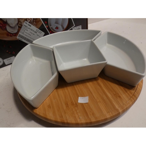 3163 - Bamboo Lazy Susan With Four Porcelain Dishes (one dish missing) (223-149) * This lot is subject to V... 