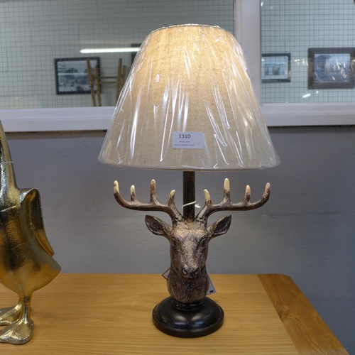 1310 - A stag head lamp with linen shade, 48cms (2069419)   #